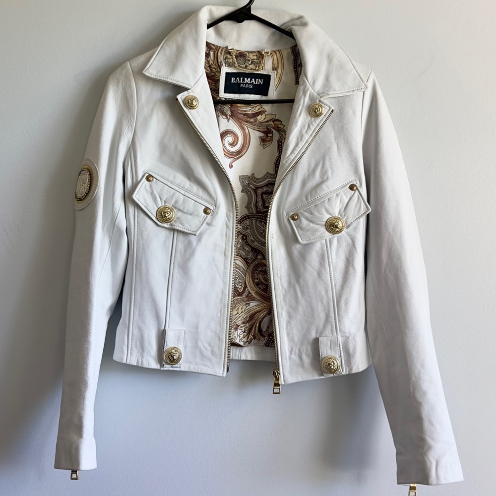Balmain Paris Leather Jacket White Cropped Moto Gold Buttons Size S - Picture 2 of 11